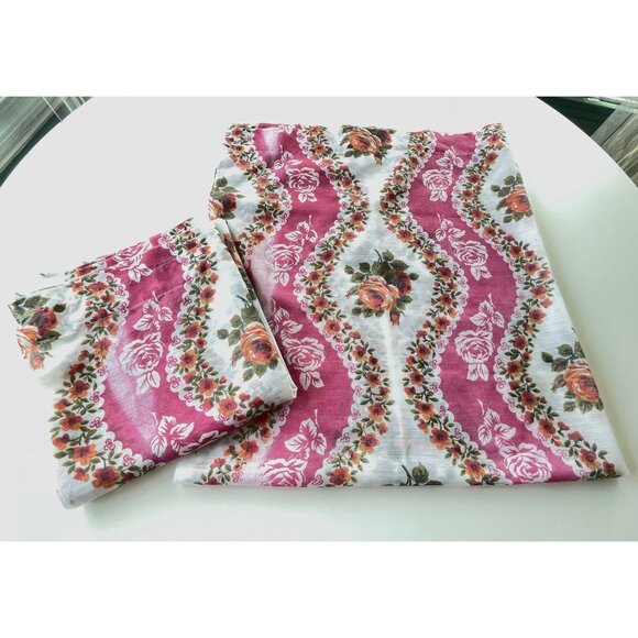 Vintage 70s curtains, white, hot pink striped, sheer floral panels, pair - Picture 9 of 10